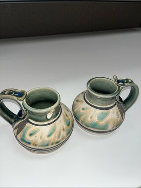 Hand Painted Tonala Mexico Green Ceramic Mug Pair by Lucano